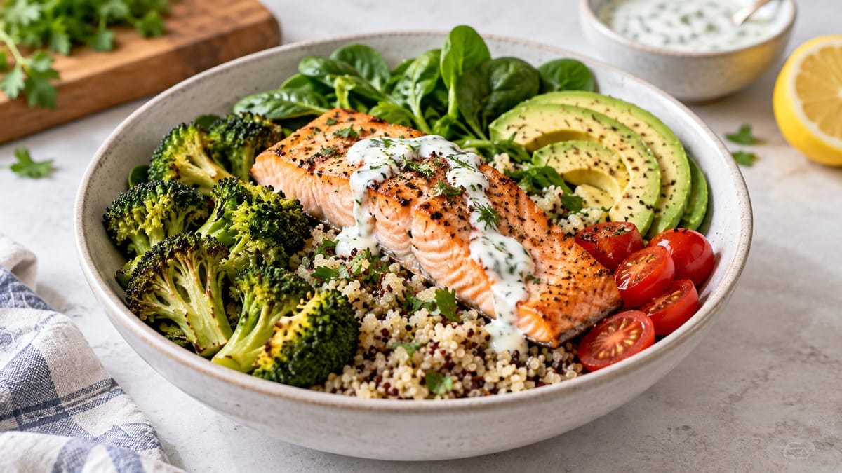 Salmon grain bowl with broccoli, greens, avocado, tomatoes, and lemon