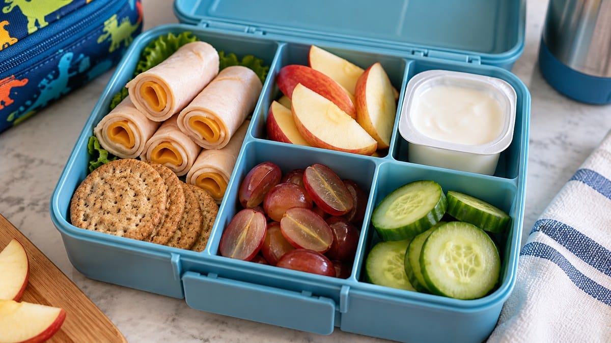 School lunch ideas for picky eaters with turkey and cheese roll-ups, crackers, apples, grapes, cucumber, and yogurt