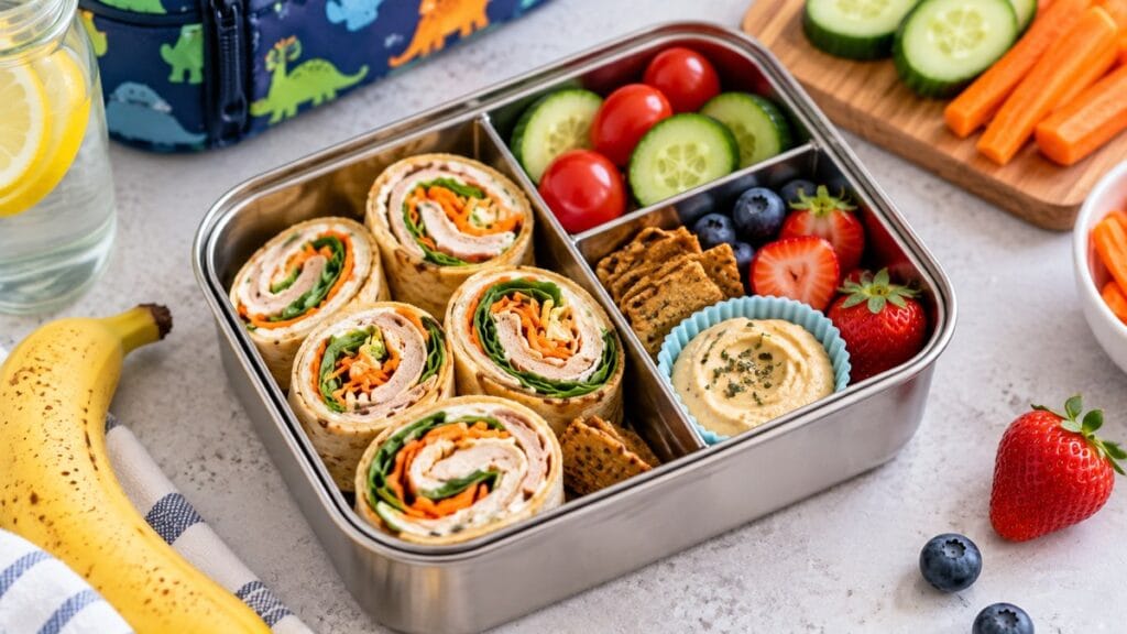 Packed school lunchbox with pinwheels, cucumber, tomatoes, berries, crackers, hummus, banana, and carrots