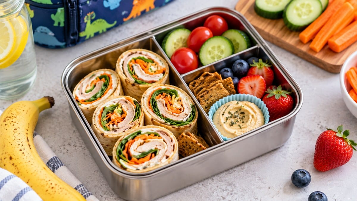 Packed school lunchbox with pinwheels, cucumber, tomatoes, berries, crackers, hummus, banana, and carrots