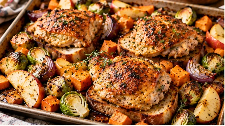 Sheet pan harvest chicken thighs with sweet potatoes, Brussels sprouts, apples, red onion, and sourdough toast