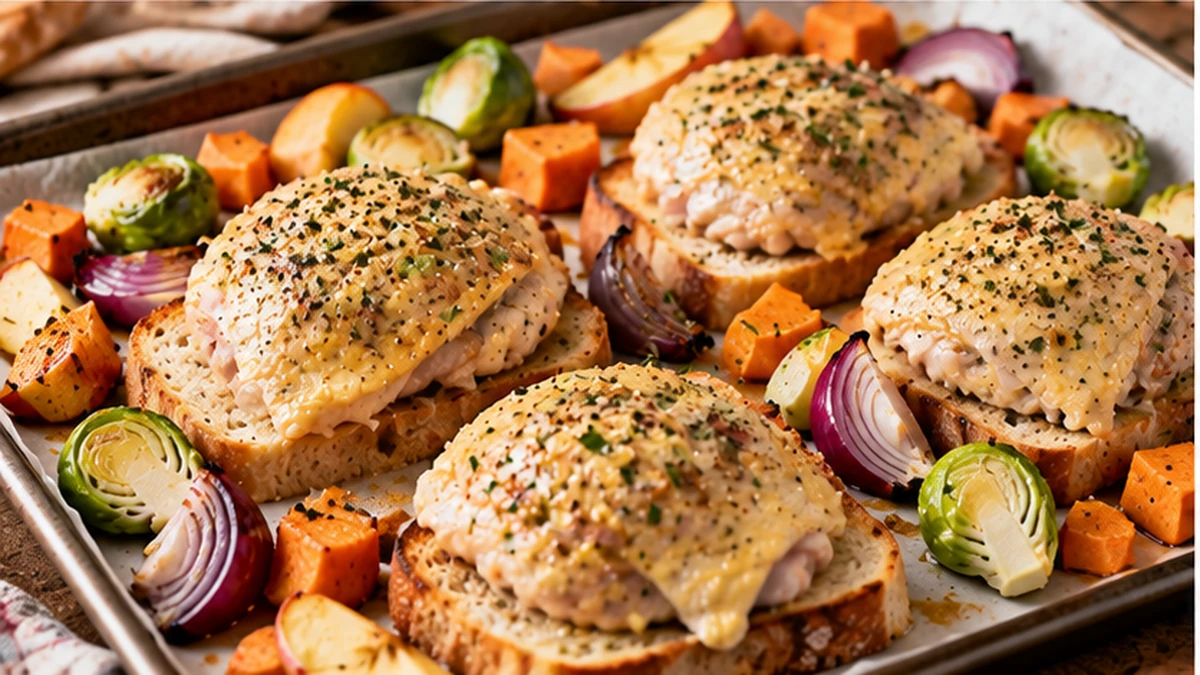 Seasoned chicken thighs arranged over thick sourdough slices with harvest vegetables on a sheet pan before roasting