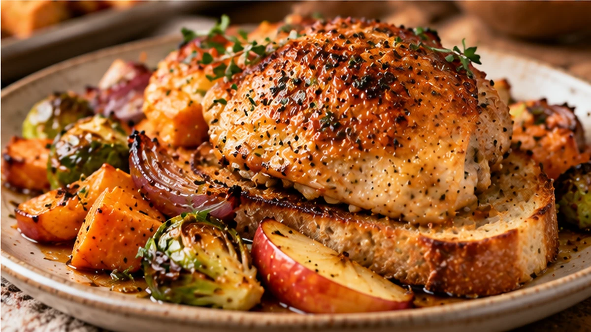 Roasted chicken thigh on pan-juice sourdough toast with caramelized sweet potatoes, Brussels sprouts, onion, and apple