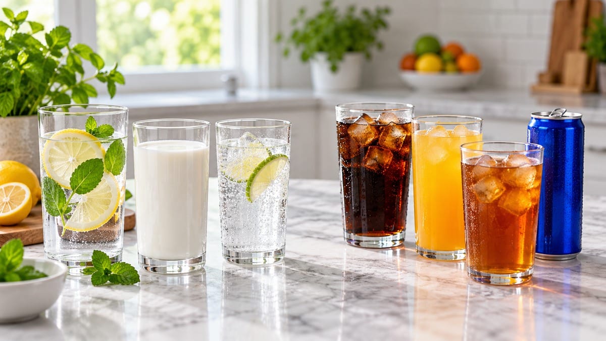 Water, milk, and sparkling water beside cola, juice, sweet tea, and an energy drink for added sugar US nutrition guidelines
