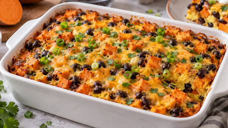 High protein sweet potato black bean breakfast casserole with eggs, spinach, cheddar, and green onions