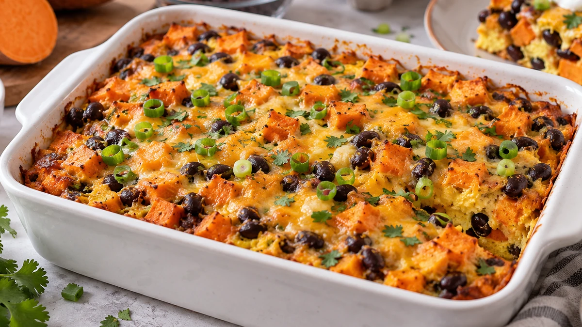 High protein sweet potato black bean breakfast casserole with eggs, spinach, cheddar, and green onions