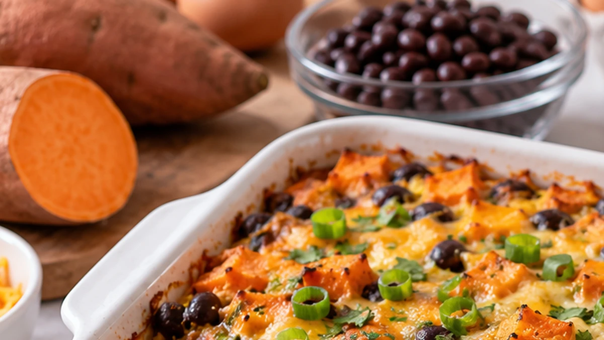 Sweet potatoes, black beans, eggs, spinach, cheddar, and green onions for breakfast casserole