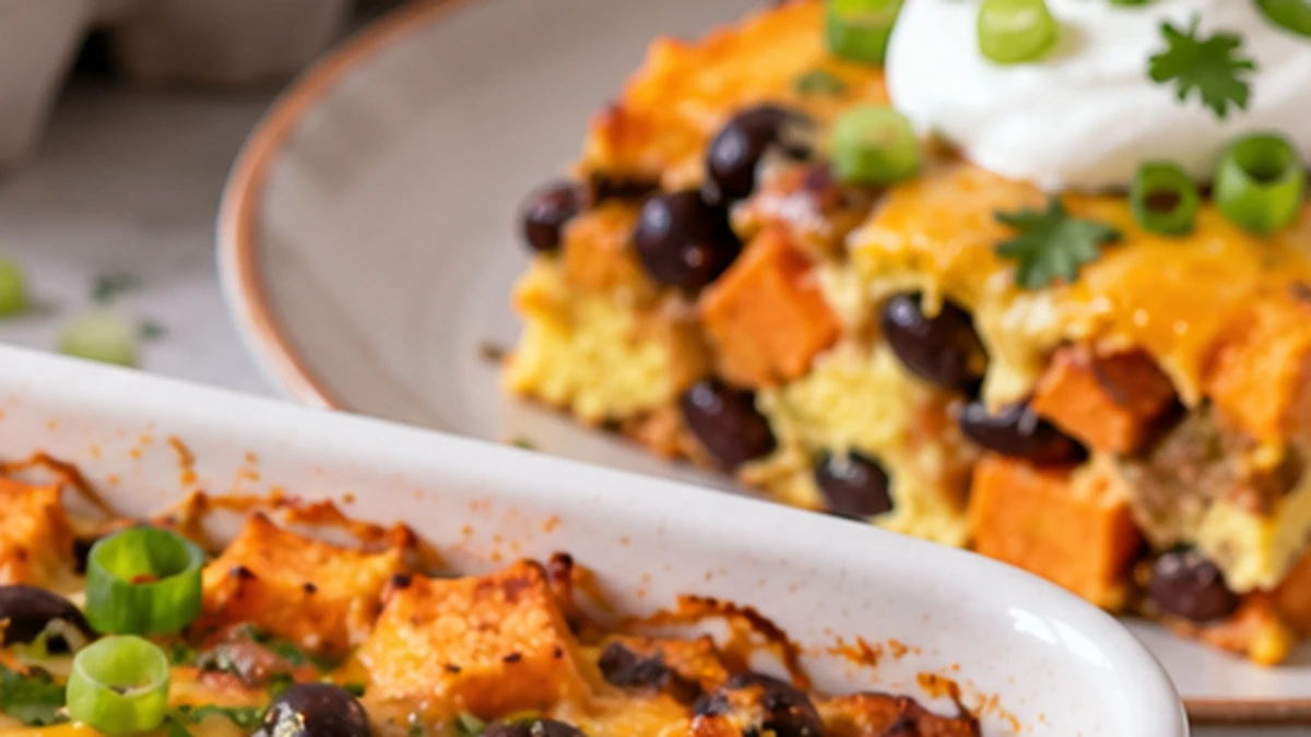 Square serving of sweet potato black bean breakfast casserole with melted cheese and green onions