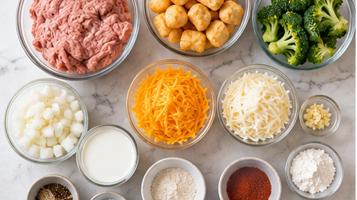 Ground turkey, broccoli, tater tots, cheddar, onion, milk, yogurt, flour, garlic, and seasonings for casserole
