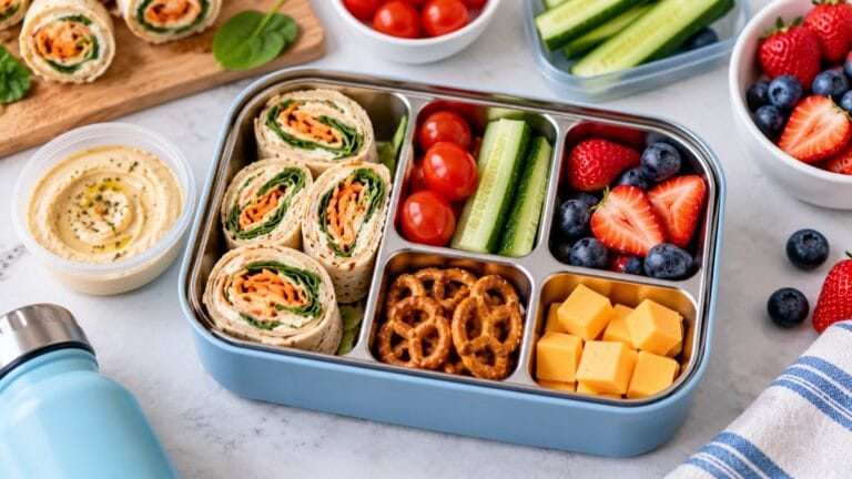 Turkey and cheese pinwheel school lunchbox with fruit, cucumber, crackers, cheese, and hummus