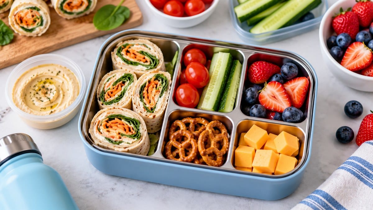 Turkey and cheese pinwheel school lunchbox with fruit, cucumber, crackers, cheese, and hummus