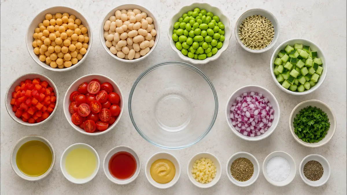 Chickpeas, cannellini beans, edamame, hemp hearts, chopped vegetables, parsley, and lemon-Dijon dressing ingredients arranged around a mixing bowl
