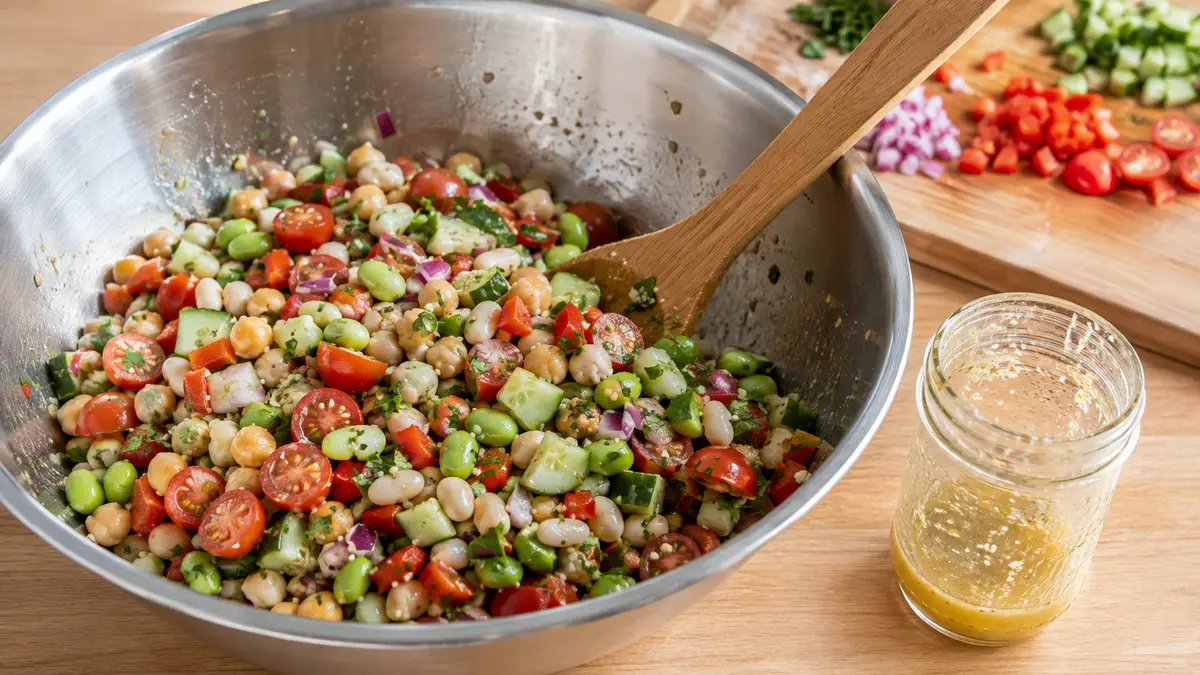 Chickpeas, cannellini beans, edamame, cucumber, peppers, tomatoes, onion, parsley, and hemp hearts being mixed in a large bowl