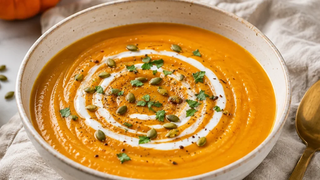 Creamy vegan pumpkin soup with coconut milk swirl, pepitas, herbs, and black pepper