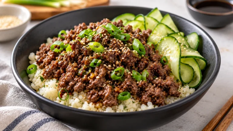 Wagyu ground beef bowl with cauliflower-style rice, cucumber ribbons, scallions, and sesame