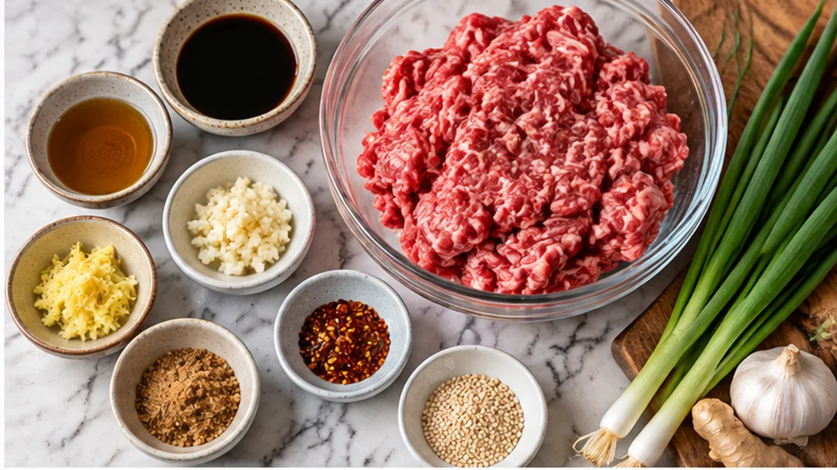 Raw Wagyu ground beef with soy sauce, sesame oil, garlic, ginger, scallions, sesame seeds, and seasonings for Wagyu Ground Beef Recipe 