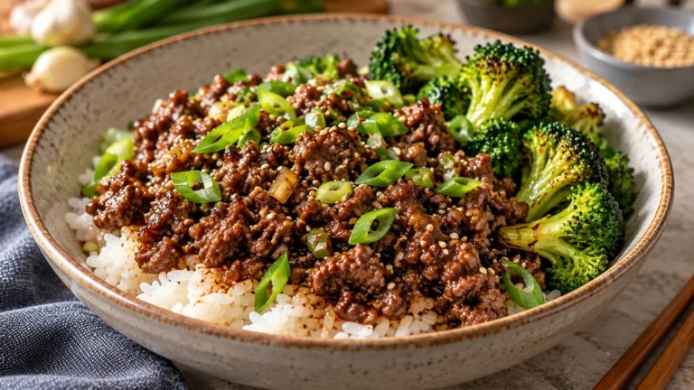 Garlic-soy Wagyu ground beef over rice with broccoli, scallions, and sesame seeds