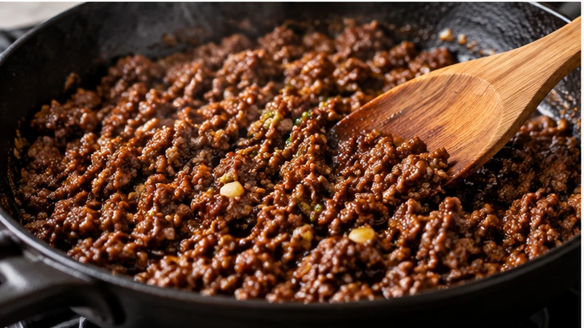 Browned Wagyu ground beef cooking in a black skillet with garlic-soy sauce and a wooden spatula for Wagyu Ground Beef Recipe 