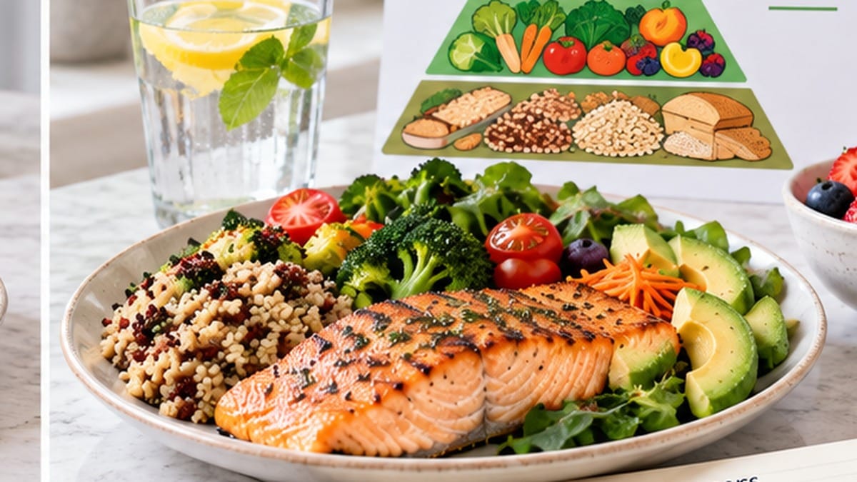 Salmon bowl with whole grains, vegetables, avocado, fruit, and water for about Compare the US Dietary Guidelines 2020 vs 2025