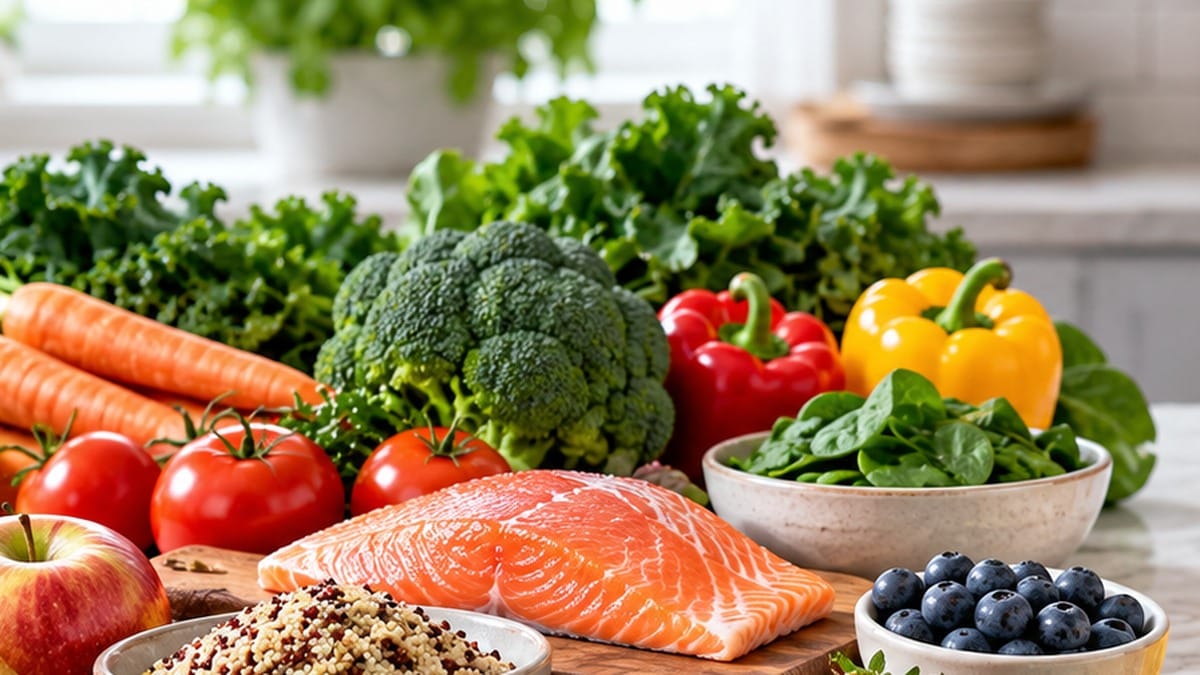 Salmon, quinoa, broccoli, peppers, spinach, carrots, tomatoes, berries, and apple, US dietary guidelines processed foods