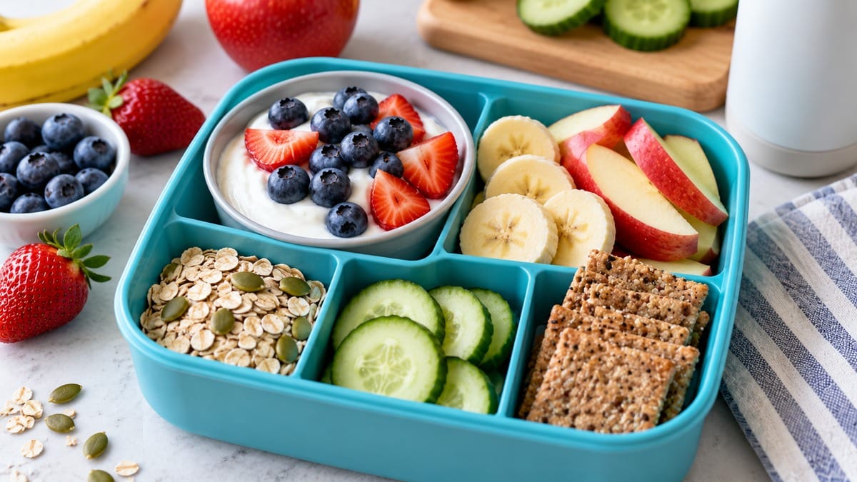 Lunchbox with Greek yogurt and berries, banana, apple, oats, pumpkin seeds, cucumber, and whole-grain crackers