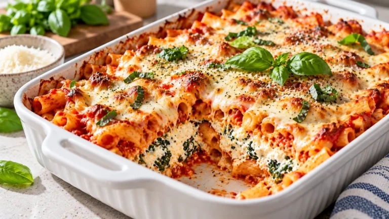 High protein baked ziti with cottage cheese, marinara, spinach, mozzarella, Parmesan, and basil in a white casserole dish