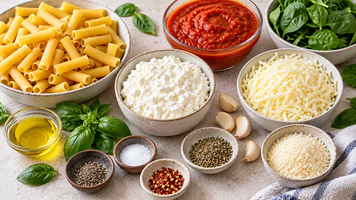 Protein pasta, cottage cheese, marinara, spinach, mozzarella, Parmesan, garlic, basil, and seasonings for high protein baked ziti