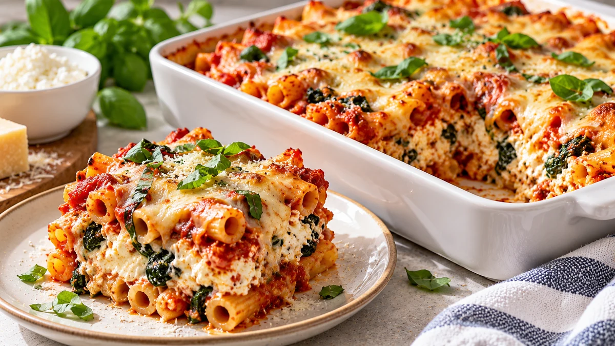 Serving of high protein baked ziti with cottage cheese, tomato sauce, spinach, mozzarella, and basil beside the casserole dish