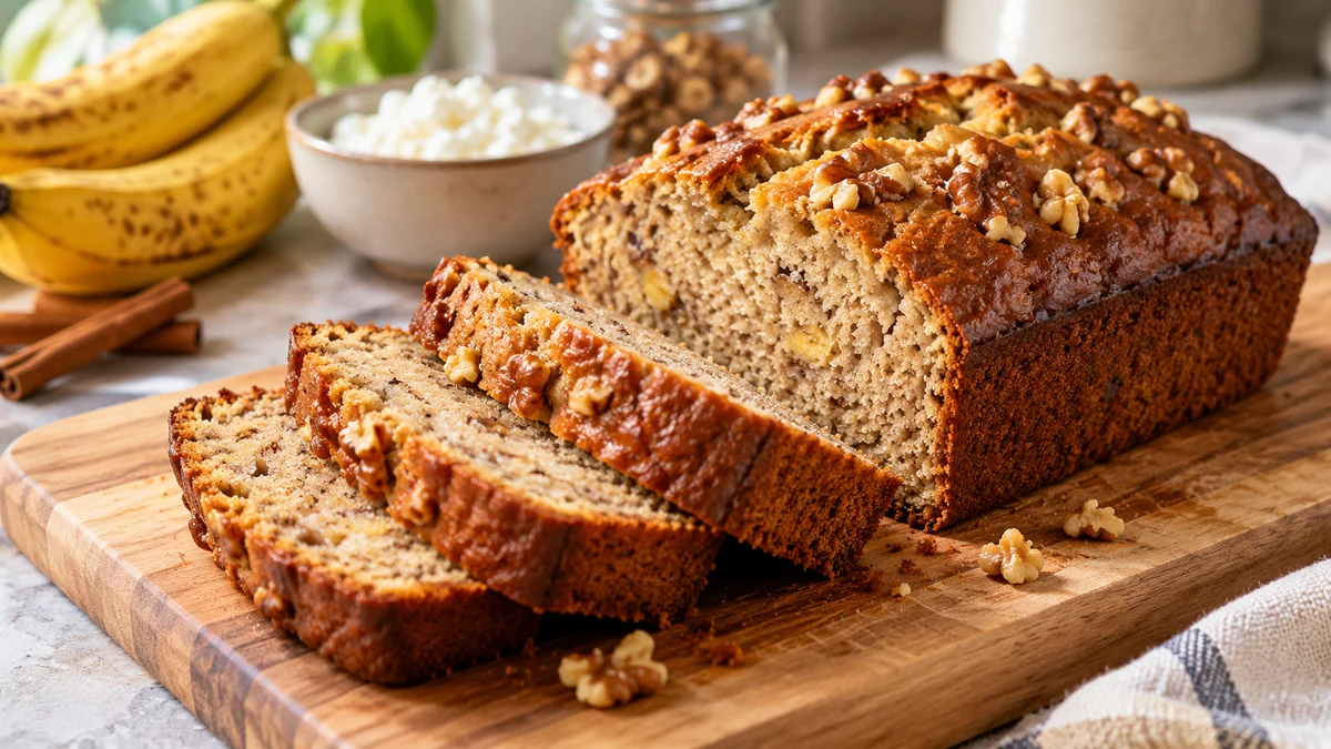 High protein banana bread without protein powder with sliced walnut banana loaf, ripe bananas, cottage cheese, and cinnamon