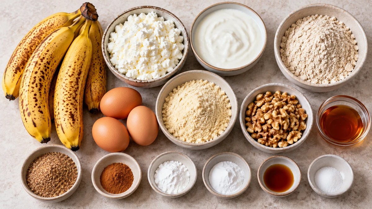 Bananas, cottage cheese, Greek yogurt, eggs, oat flour, almond flour, walnuts, maple syrup, flaxseed, cinnamon, vanilla, and leaveners for high protein banana bread