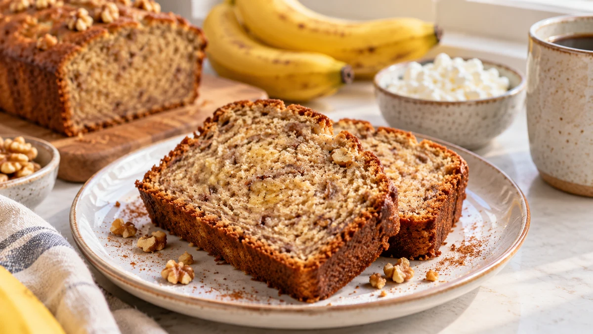 Slices of high protein banana bread without protein powder made with cottage cheese, Greek yogurt, oats, almond flour, and walnuts