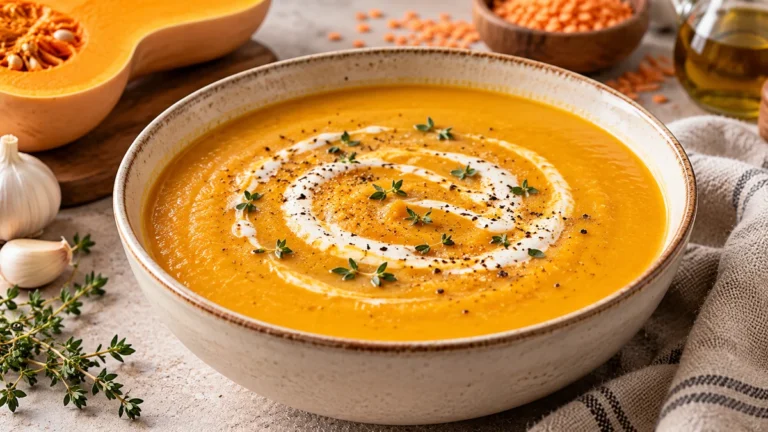 Creamy high protein butternut squash soup with thyme, black pepper, red lentils, and squash