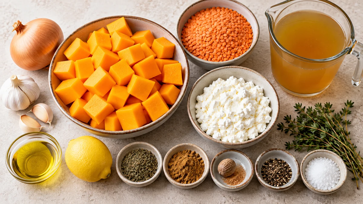 Butternut squash, red lentils, cottage cheese, vegetable broth, onion, garlic, lemon, olive oil, thyme, and spices