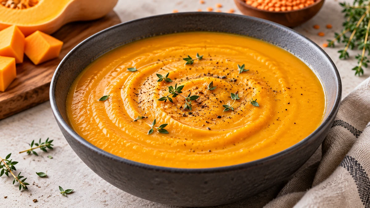 Creamy orange butternut squash soup made with red lentils and cottage cheese
