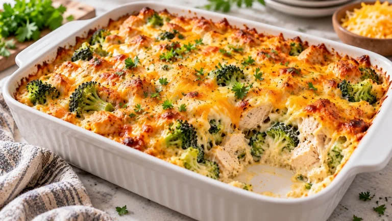 Creamy high protein chicken broccoli casserole with golden melted cheese and fresh parsley
