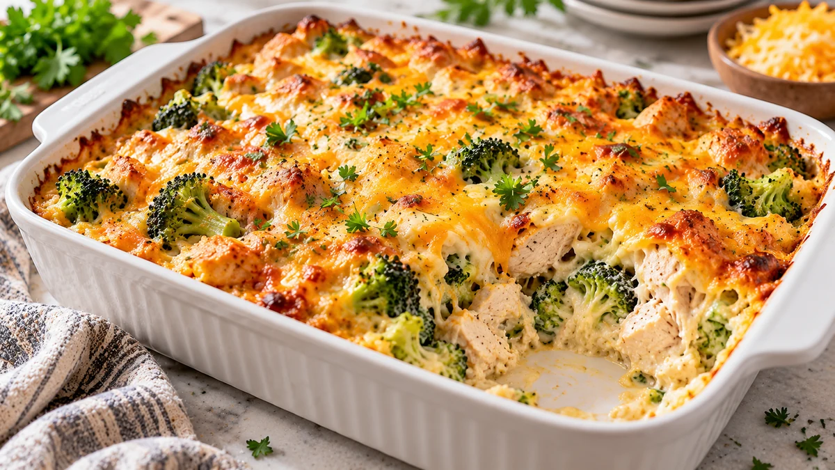 Creamy high protein chicken broccoli casserole with golden melted cheese and fresh parsley