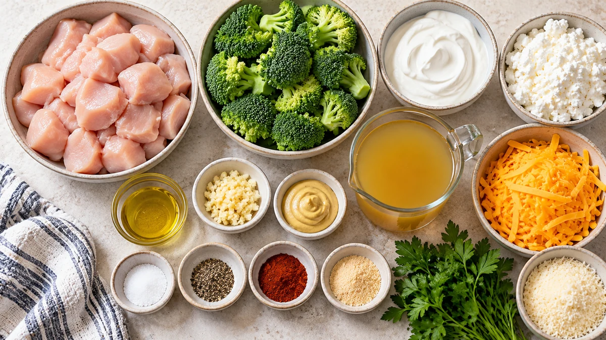 Chicken, broccoli, cottage cheese, Greek yogurt, cheddar, Parmesan, broth, garlic, Dijon, and seasonings for chicken broccoli casserole