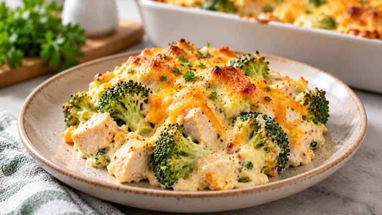 Serving of high protein chicken broccoli casserole with chicken, broccoli, creamy sauce, and melted cheese