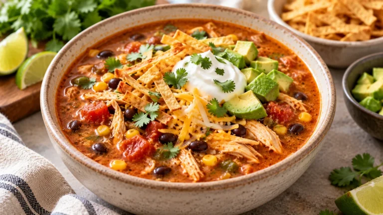 Creamy high protein chicken enchilada soup with shredded chicken, black beans, corn, tomatoes, avocado, cheese, Greek yogurt, cilantro, and tortilla strips