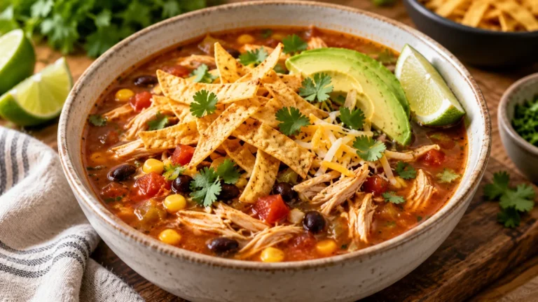 Bowl of high protein chicken enchilada soup with shredded chicken, black beans, corn, tomatoes, avocado, lime, cheese, and crisp tortilla strips