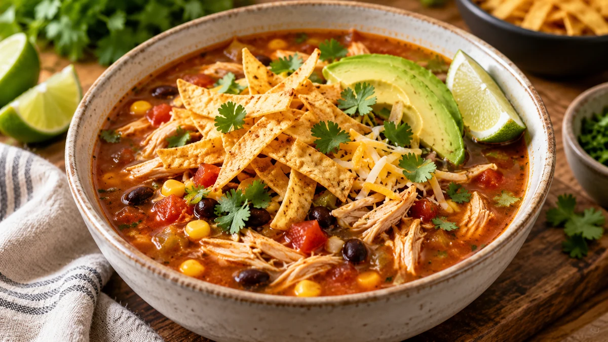 Bowl of high protein chicken enchilada soup with shredded chicken, black beans, corn, tomatoes, avocado, lime, cheese, and crisp tortilla strips