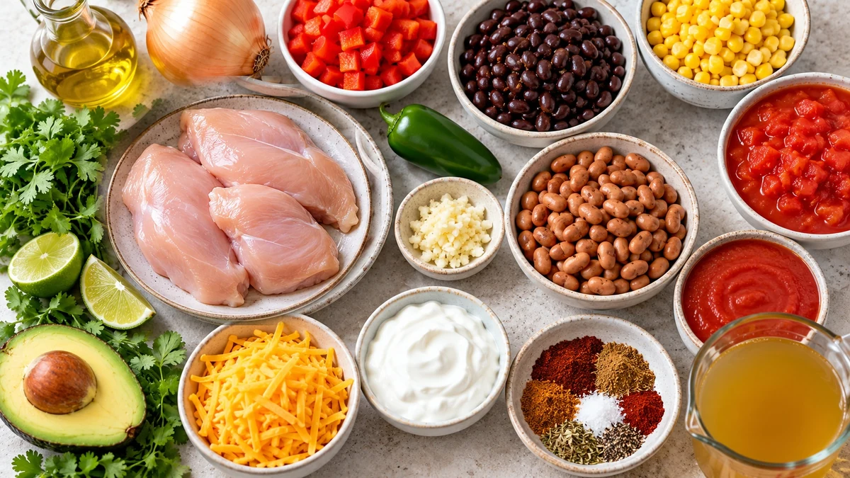 Chicken breast, black beans, pinto beans, corn, tomatoes, onion, jalapeno, garlic, broth, lime, cilantro, tortillas, spices, avocado, cheese, and yogurt for chicken tortilla soup