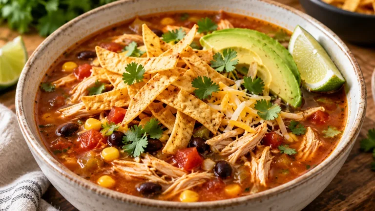 Bowl of high protein chicken tortilla soup topped with crisp tortilla strips, avocado, cilantro, cheese, and lime