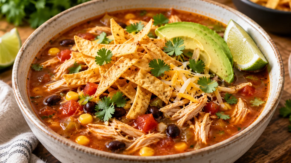 Bowl of high protein chicken tortilla soup topped with crisp tortilla strips, avocado, cilantro, cheese, and lime