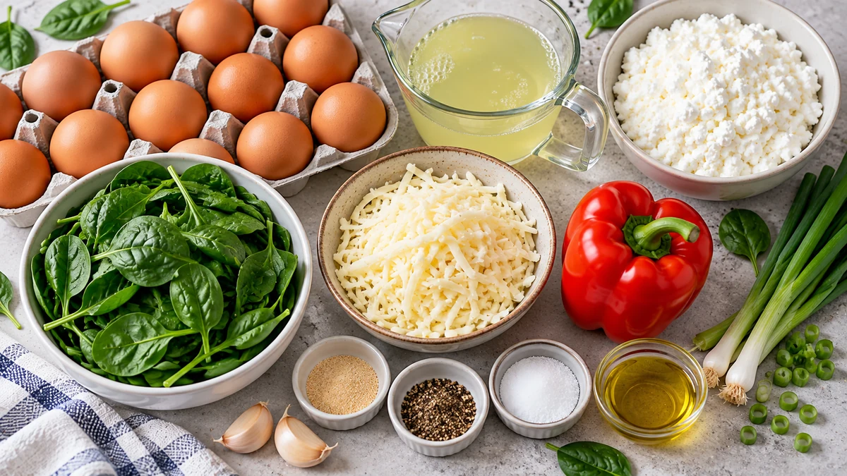 Eggs, liquid egg whites, cottage cheese, spinach, mozzarella, red bell pepper, scallions, garlic, and seasonings for cottage cheese egg bake