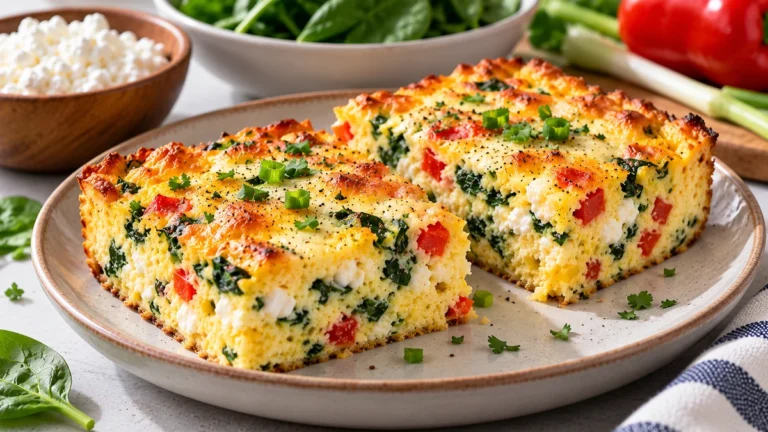 Two squares of cottage cheese egg bake with spinach, red pepper, scallions, and melted cheese on a plate