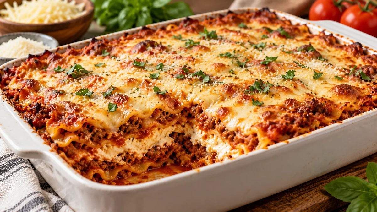 High protein lasagna with cottage cheese, lean beef, marinara, mozzarella, Parmesan, and basil in a white casserole dish