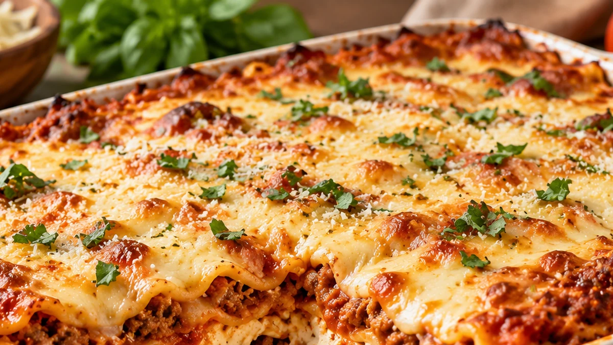 Cottage cheese lasagna setup with mozzarella, Parmesan, basil, tomatoes, meat sauce, and layered pasta components