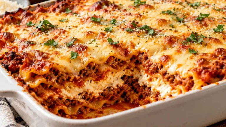 Close view of high protein cottage cheese lasagna showing layers of beef sauce, pasta, blended cottage cheese, mozzarella, and Parmesan