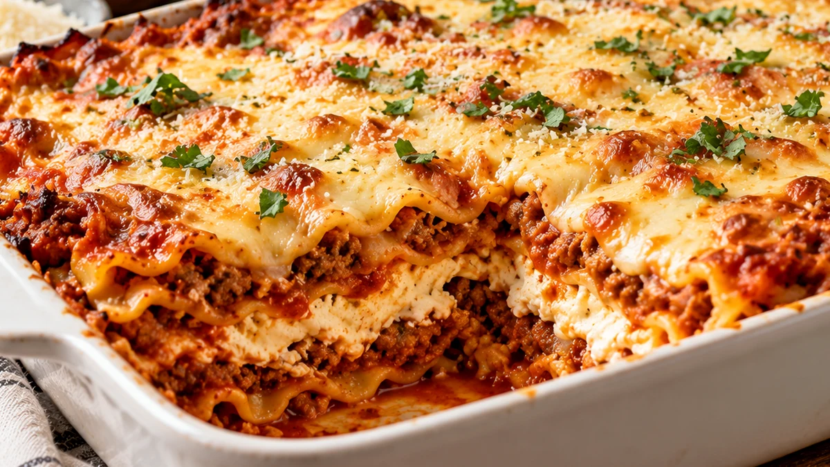 Close view of high protein cottage cheese lasagna showing layers of beef sauce, pasta, blended cottage cheese, mozzarella, and Parmesan